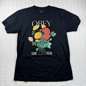 OBEY T-Shirt Men M Black Floral Graphic Los Angeles to Tokyo Crewneck Streetwear